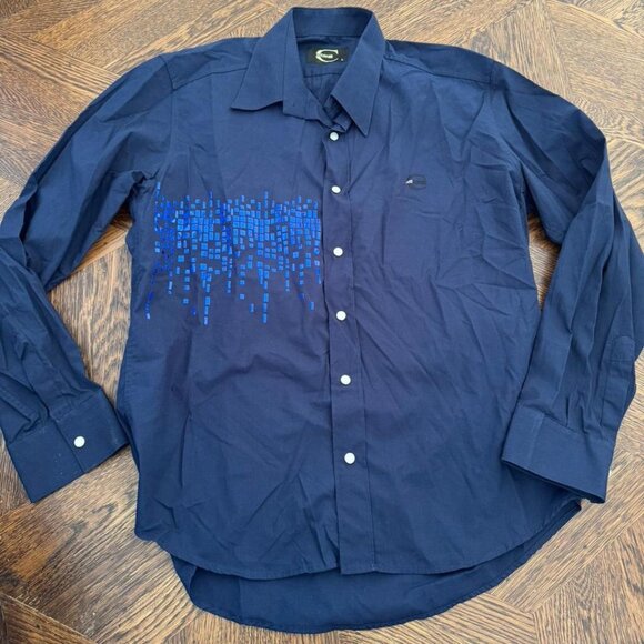 Just Cavalli Navy Button Down Shirt with blue sequins Size L - Picture 1 of 6